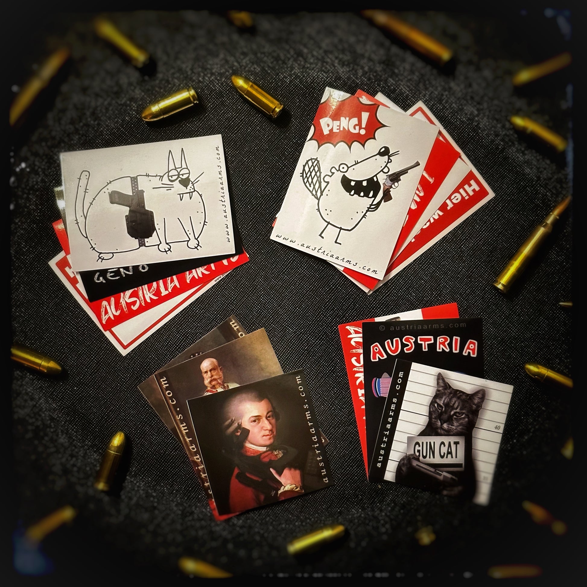 Austria Arms Sticker Packs 1-4  You want to support or help your Creator? Here you can buy funny stickers from austrian gun store Austria Arms as a sign of your gratitude.  Austria Arms is a family-run gun store near Vienna. They run one of the first big Austrian Youtube gun channels. On their YouTube channel you can find everything you need to know about firearms & their accessories. patchworld.net Patchworld