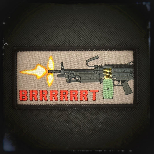 Woven patch with velcro: BRRRT M249 - SAW  High quality and durable woven patch for collectors, airsofters and members of the military. Save ammunition? No thanks... With these morale patches you indicate that aimed shots are rather not your thing. You love steel and especially lead. Staying on the trigger and supporting your own forces are your strengths. patchworld.net Patchworld