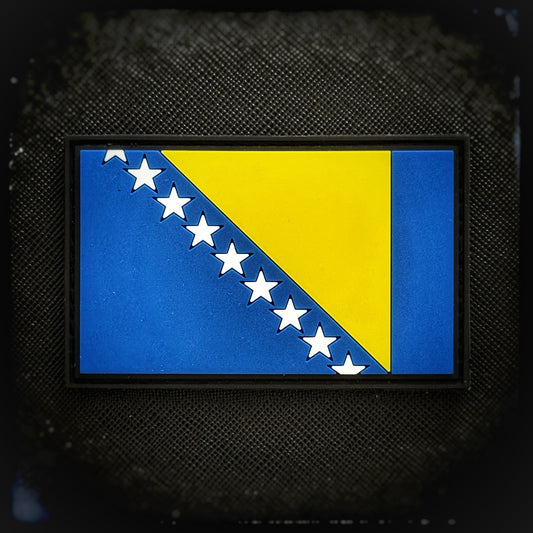PVC patch with Velcro: Flag of Bosnia and Herzegovina, est. 1992.  High quality and durable PVC patch for collectors, airsofters and members of the military. patchworld.net Patchworld
