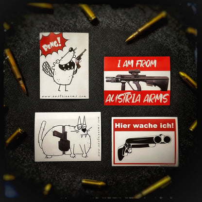 Austria Arms Sticker Bündel 2. Du magst deinen Creator unterstützen, oder helfen? Hier kannst du lustige Sticker von Austria Arms als Zeichen deiner Dankbarkeit kaufen. Austria Arms ist ein familiengeführtes Waffengeschäft nahe Wien. Sie betreiben einer der ersten großen österreichischen Youtube Waffen Kanäle. Auf deren Youtube Kanal findest du alles was man über Schußwaffen &amp; deren Zubehör wissen sollte. Patchworld.net Patchworld